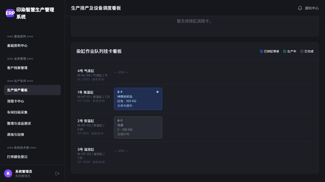 生产排产看板：设备、染缸作业队列与不同状态的缸卡